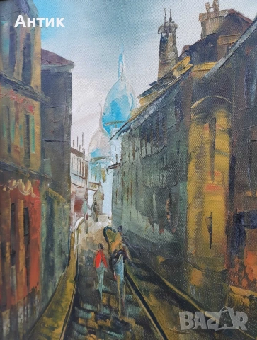 Красива Стара Картина Уличен Пейзаж Живопис Маслени Бои на Платно, снимка 8 - Картини - 53327691