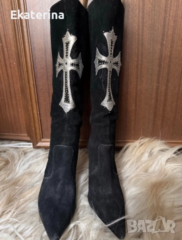 Черни готик велурени ботуши 37 номер , снимка 3 - Дамски ботуши - 52512081