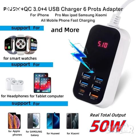 50W USB зарядно устройство 5 USB порта + 1 Type-c с LED дисплей бързо зареждане QC3.0, снимка 2 - Оригинални зарядни - 46404102