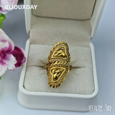 регулиращ се дамски пръстен дубайско двойно сърце от медицинска стомана с 18 карата златно покритие