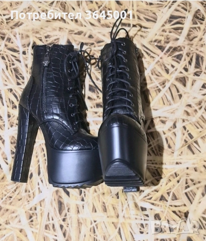 Луксозни дамски черни боти от релефна изкуствена кожа с висок ток и платформа-олекотени . N36 НОВИ , снимка 2 - Дамски боти - 53046956