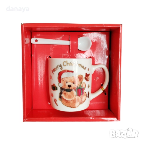 6239 Коледна чаша Merry Christmas с мече и лъжичка, 180мл, снимка 5 - Чаши - 52661003