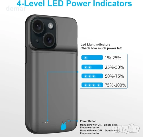 YISHDA калъф с батерия за iPhone 15 (6.1 инча), 7000mAh тънък, снимка 5 - Калъфи, кейсове - 50859437