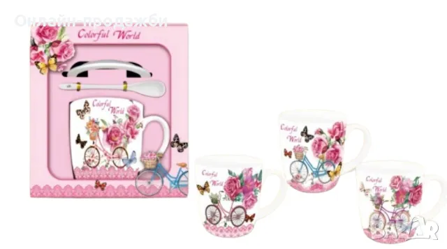 Порцеланов комплект чаша с капак и лъжичка, снимка 1