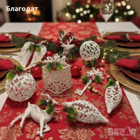 Коледни играчки за елха „Winter White Elegance“ – луксозни висящи декорации с натурален завършек и с