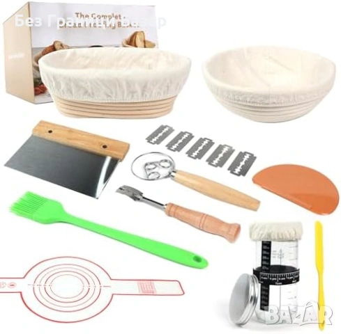 Нов Комплект за квас с 2 ратанови кошници и 2 буркана 600 мл печене хляб кухня подарък