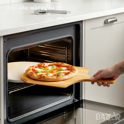 Комплект за пица с каменна плоча, бамбукова лопатка и нож, за печене и сервиране на пица 279072, снимка 4 - Съдове за готвене - 53232272