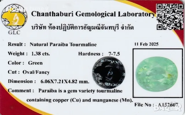 Великолепен зелен Параиба турмалин - 1.38кт.! Сертифициран! Нов!, снимка 4 - Други - 49216542