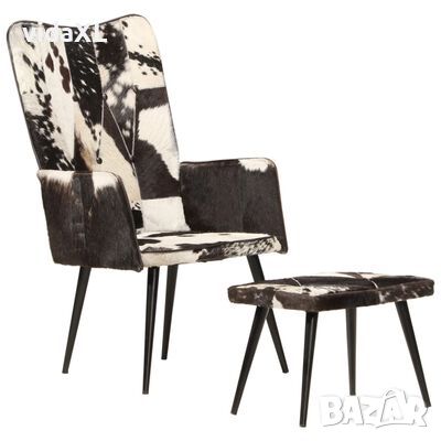 vidaXL Wingback стол с табуретка, черен, естествена кожа(SKU:339674