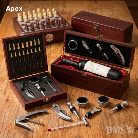 Луксозен Сет за Вино и Шах в Дървена Кутия с Аксесоари.Сет за Вино.Подаръчна Кутия за Вино и Шахмат+