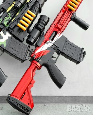 Детска играчка пушка автомат с меки патрони и допълнителни екстри / Цвят: Червен / Материал: пластма, снимка 2 - Други - 45794541