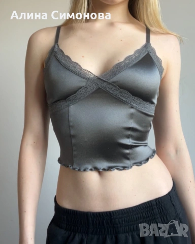 Сив сатенен топ H&M XXS с дантела🤍