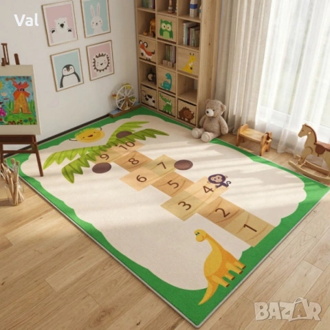 Детски килим за игра 120х160см - Бял килим с динозавър и дама-палма, противоплъзгащ и миещ се, снимка 5 - Килими - 53932068
