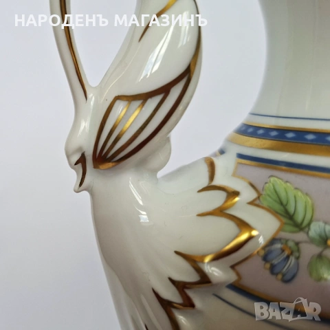 KAISER – Немски порцелан ваза с лебедови дръжки злато цветя ПЕРФЕКТНА, снимка 7 - Други ценни предмети - 54159092