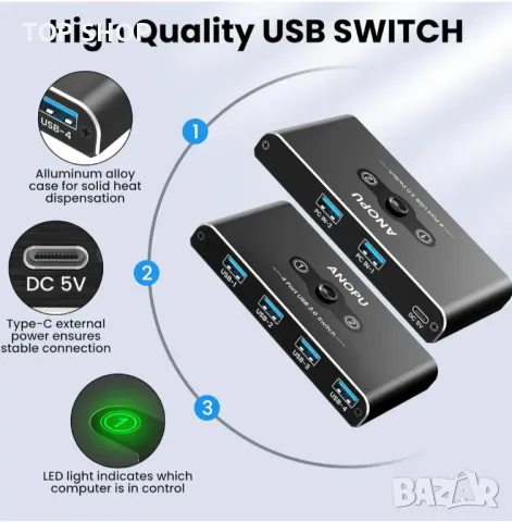 USB превключвател KVM превключвател, алуминиев USB 3.0 превключвател 2 компютъра, споделящи 4 USB ус, снимка 2 - Работни компютри - 48934604