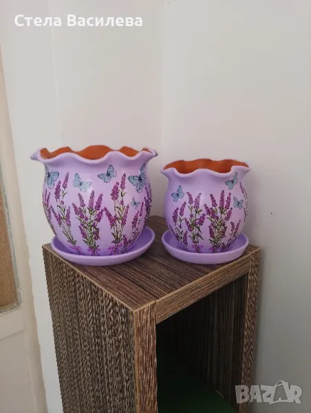 Комплект керамични саксии с подложки , снимка 1