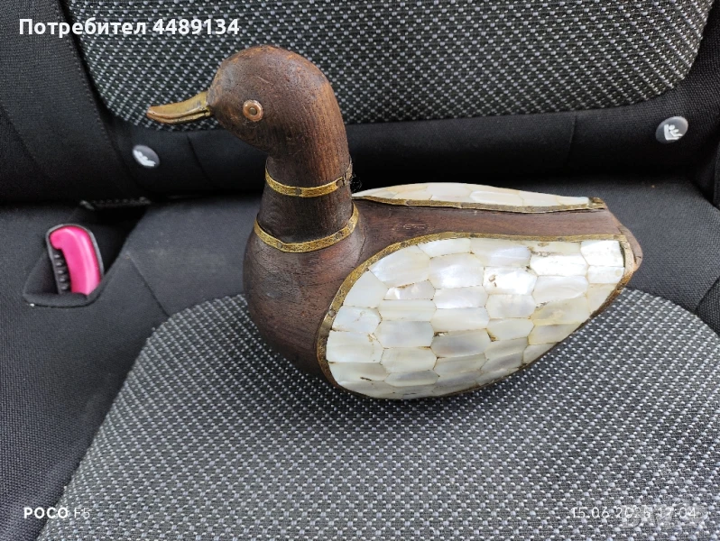 Стар сувенир от дърво, седеф и месинг "Патица", снимка 1