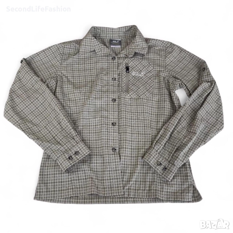 Дамска риза Jack Wolfskin с дълъг ръкав и копчета, зелени карета, размер M, снимка 1