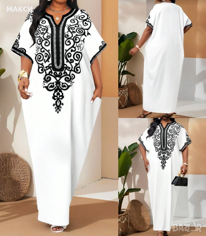 Макси дълга ефирна рокля/тип кафтан в бяло с красива черна щампа - лека и комфортна, носи се свободн, снимка 1