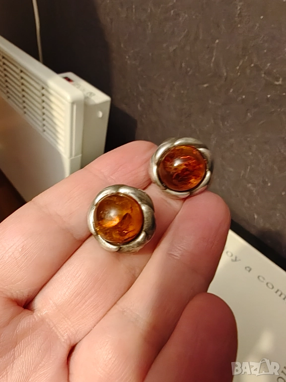 Ретро френски сребърни обеци с естествен кехлибар, снимка 1