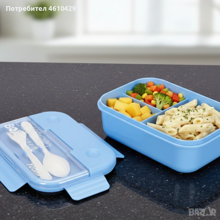 Кутия за обяд Cheffinger с 3 отделения, вилица и лъжица – компактна кутия за храна, снимка 1