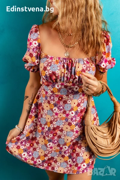 Дамска къса рокля с флорален принт и отворен гръб, снимка 1