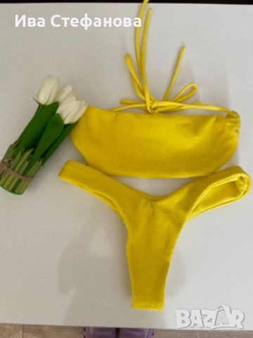 Нов бански костюм сет от две части лимонено жълт комплект сет рипс рипсен висока талия 