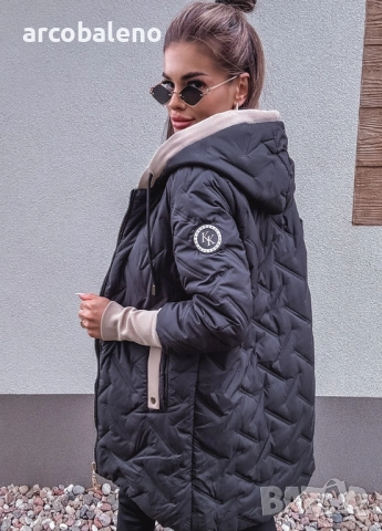 Ватирано дамско яке с качулка и декоративни ръкави, снимка 2 - Якета - 51781916