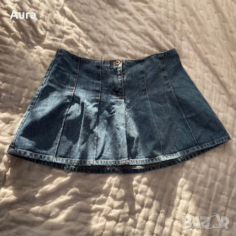 blue denim mini skirt in a pleated tennis style, снимка 6 - Поли - 53814702