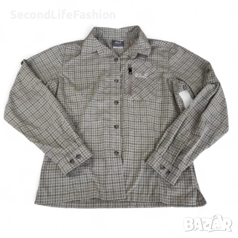 Дамска риза Jack Wolfskin с дълъг ръкав и копчета, зелени карета, размер M