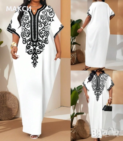 Макси дълга ефирна рокля/тип кафтан в бяло с красива черна щампа - лека и комфортна, носи се свободн