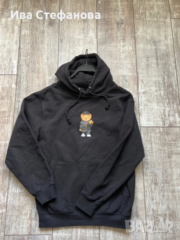 Спортна черна памук памучна  ватирана блуза суичър суитшърт с качулка мече, снимка 3 - Спортни екипи - 51779417
