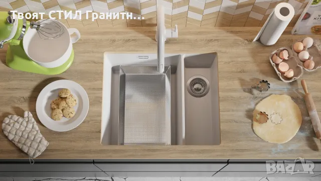 Гранитна Мивка за Вграждане под Плот Лондон 60 Duo 550 x 450  бяла, снимка 5 - Други - 37574369