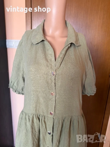 Ленена рокля в маслинено зелен цвят Zara, снимка 3 - Рокли - 54100255