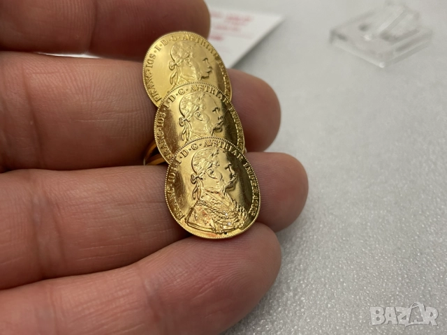 Дамски Златен Пръстен с три монети Франц Йосиф- 4,319 грама, 14К (проба 585), снимка 9 - Пръстени - 51431869