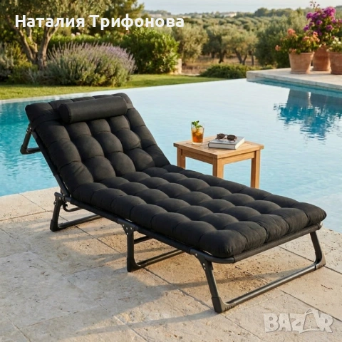 Сгъваемо къмпинг легло и градински шезлонг 2в1, с мек матрак и възглавница, Регулируем, Черен, 180x5, снимка 2 - Градински мебели, декорация  - 53925460