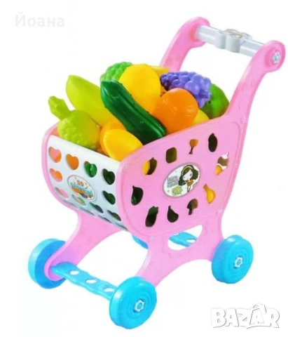 Пазарска количка за деца с аксесоари плодове и зеленчуци, снимка 3 - Играчки за стая - 53185374