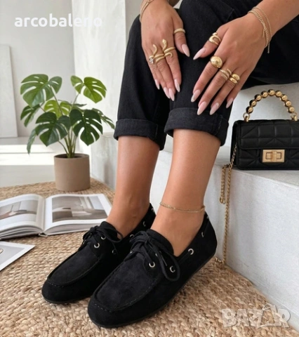 Дамски черни мокасини с връзки Nina
