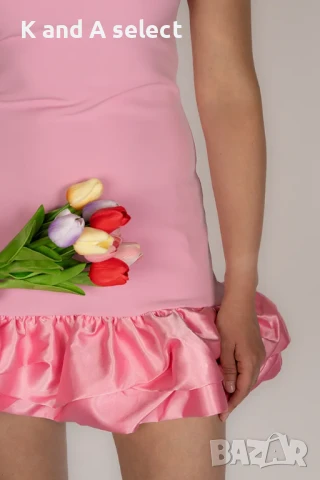 Рокля със Сатенен Волан – Розова, снимка 4 - Рокли - 51170666