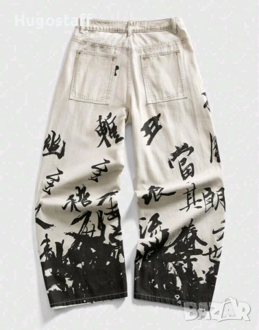 Нови японски йероглифи baggy дънки Casual Loose Fit Jeans панталони карго M/32, снимка 2 - Дънки - 53856042