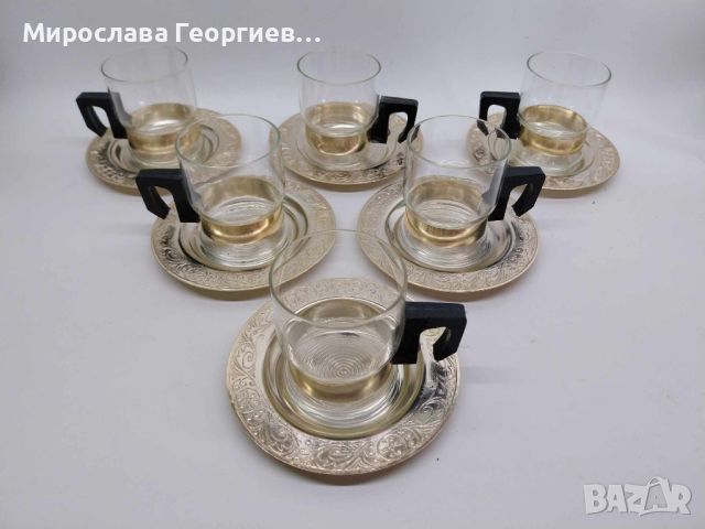 6 огнеупорни стъклени чашки за кафе и 6 алуминиеви чинийки, от СССР 80те години