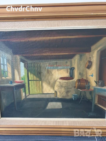 70х60см/стара картина масло върху платно/кухня-камина/дървена рамка, снимка 2 - Картини - 50896734