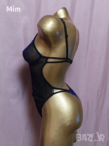  Резервирани S Черно еластично, прозрачно боди със синя бродерия , снимка 2 - Корсети, бюстиета, топове - 53689410