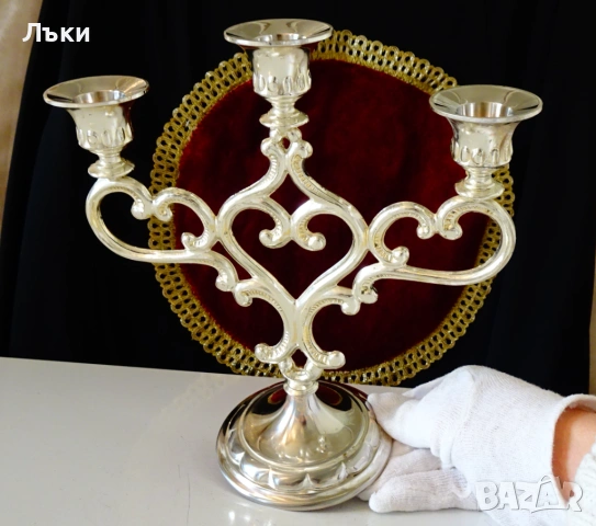 Посребрен троен свещник тройка,сърце,Art Nouveau. , снимка 2 - Антикварни и старинни предмети - 53772583