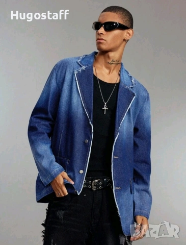 Ново мъжко дънково сако блейзър яке изтъркан ефект синьо деним памук ХЛ, снимка 5 - Сака - 53856487