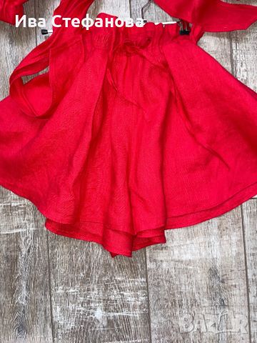Нов ленен лен червен елегантен сет комплект от широки къси панталони топ бюстие буфан ръкав , снимка 6 - Костюми - 46439102