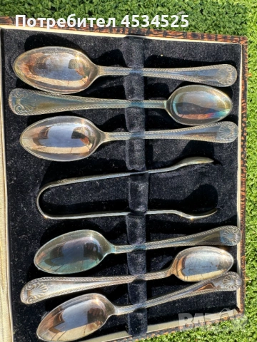 Антикварен комплект за чай: 6 посребрени лъжички и щипка за захар в оригинална кутия (EPNS)