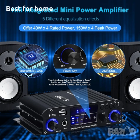 Bluetooth 5.0 HiFi мини,стерео аудио усилвател  с USB от ARRAROWN, снимка 2 - Ресийвъри, усилватели, смесителни пултове - 53734199