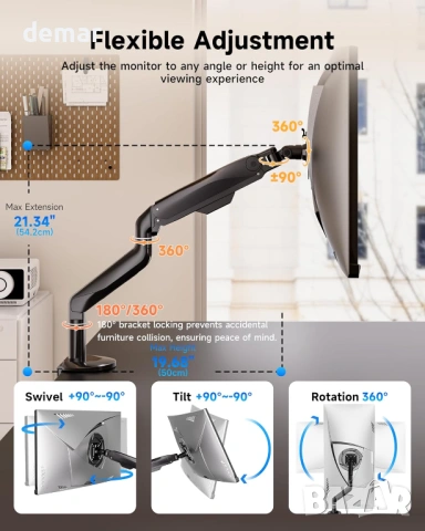 BIZUM стойка за един монитор, регулируема газова пружина, 17"-43", до 15 кг, снимка 3 - Стойки, 3D очила, аксесоари - 53836635