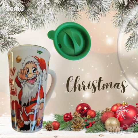 Коледна порцеланова чаша с гумен капак 15см височина. 🍵ВАРИАНТИ: картинка С еленче или с Дядо Коледа, снимка 4 - Чаши - 46434700